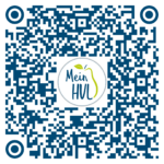 QR code with a circular Mein HVL logo at center; logo shows 'Mein HVL' in blue with a green pear outline.